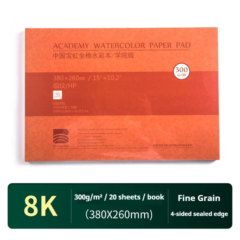 20 Sheets Baohong 200g/300g Watercolor Sketchbook 100% Cotton Watercolor Paper Sealing Pad 32K 16K 8K Water Color Drawing Book