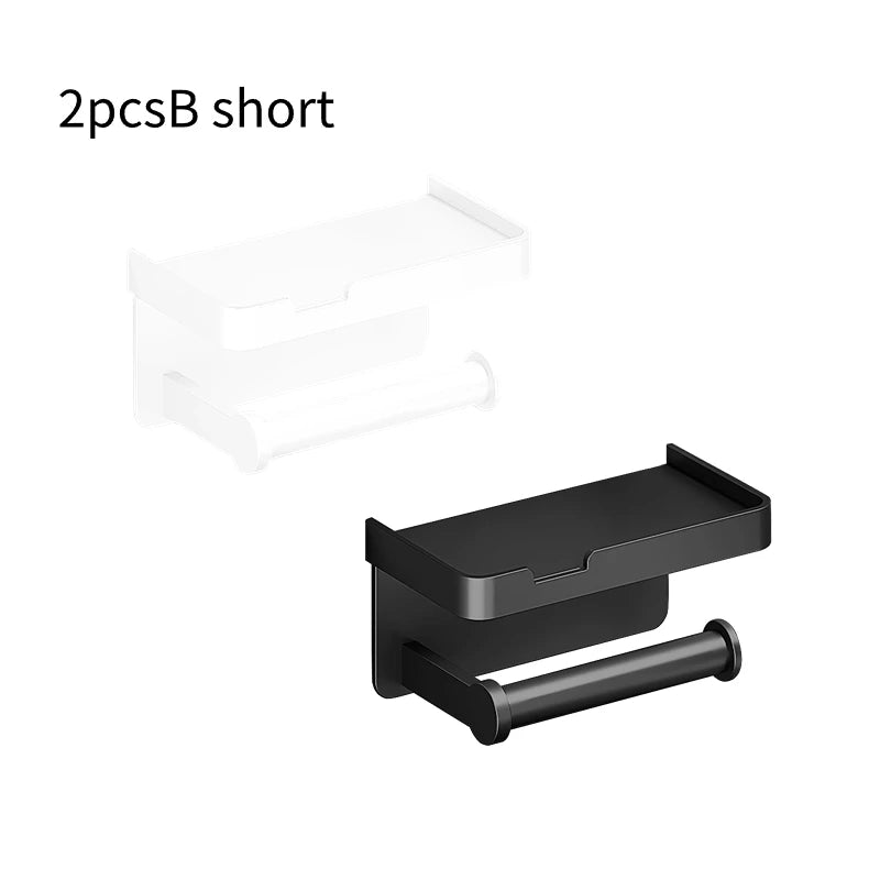 Aluminum Alloy Wall-Mounted Toilet Paper Holder with Shelf Phone Stand, Black/White/Grey, 2pcs