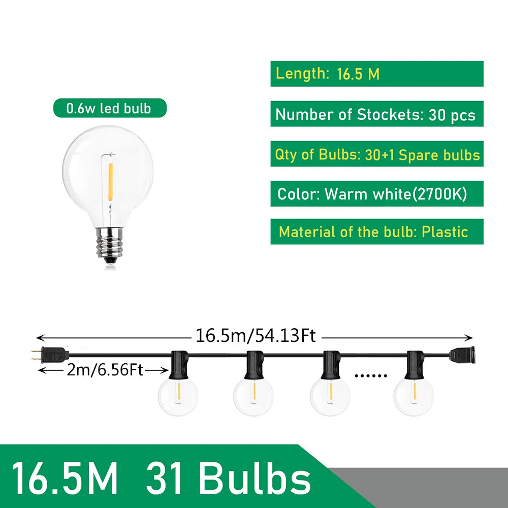 110V/220V Outdoor String Lights LED G40 Festoon Fairy Patio Garland Lamp Wedding Street Camping Garden Party Decoration Lights