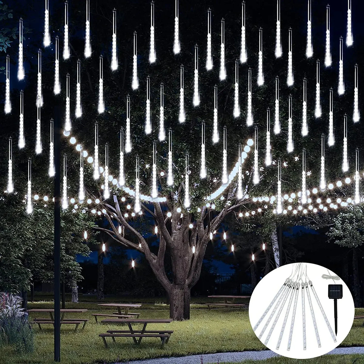 Solar LED meteor shower tube lights, waterproof outdoor falling raindrop, 8 tubes 30cm/50cm