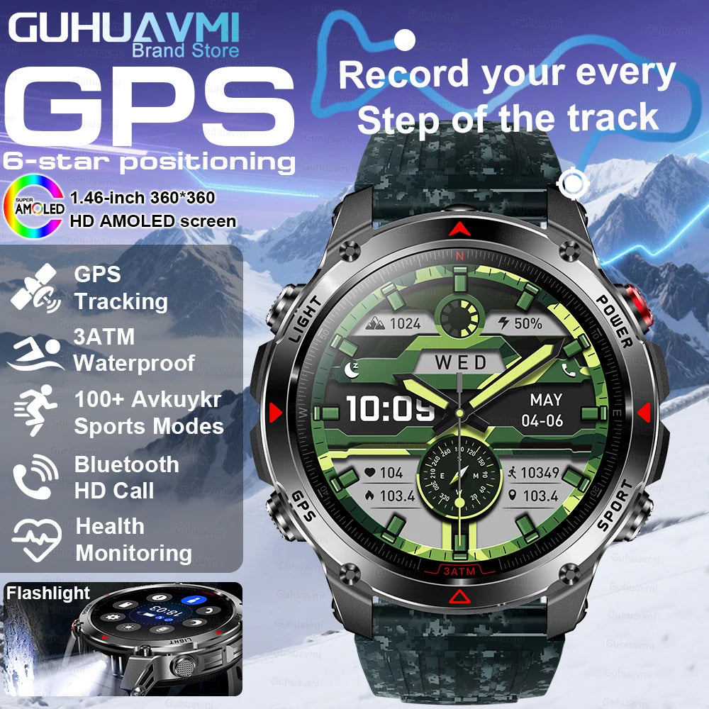 2025New Outdoor Military Smart Watch Men 1.46" AMOLED Built-in GPS Compass Altimeter 3ATM Waterproof Clock BT Call SmartWatches
