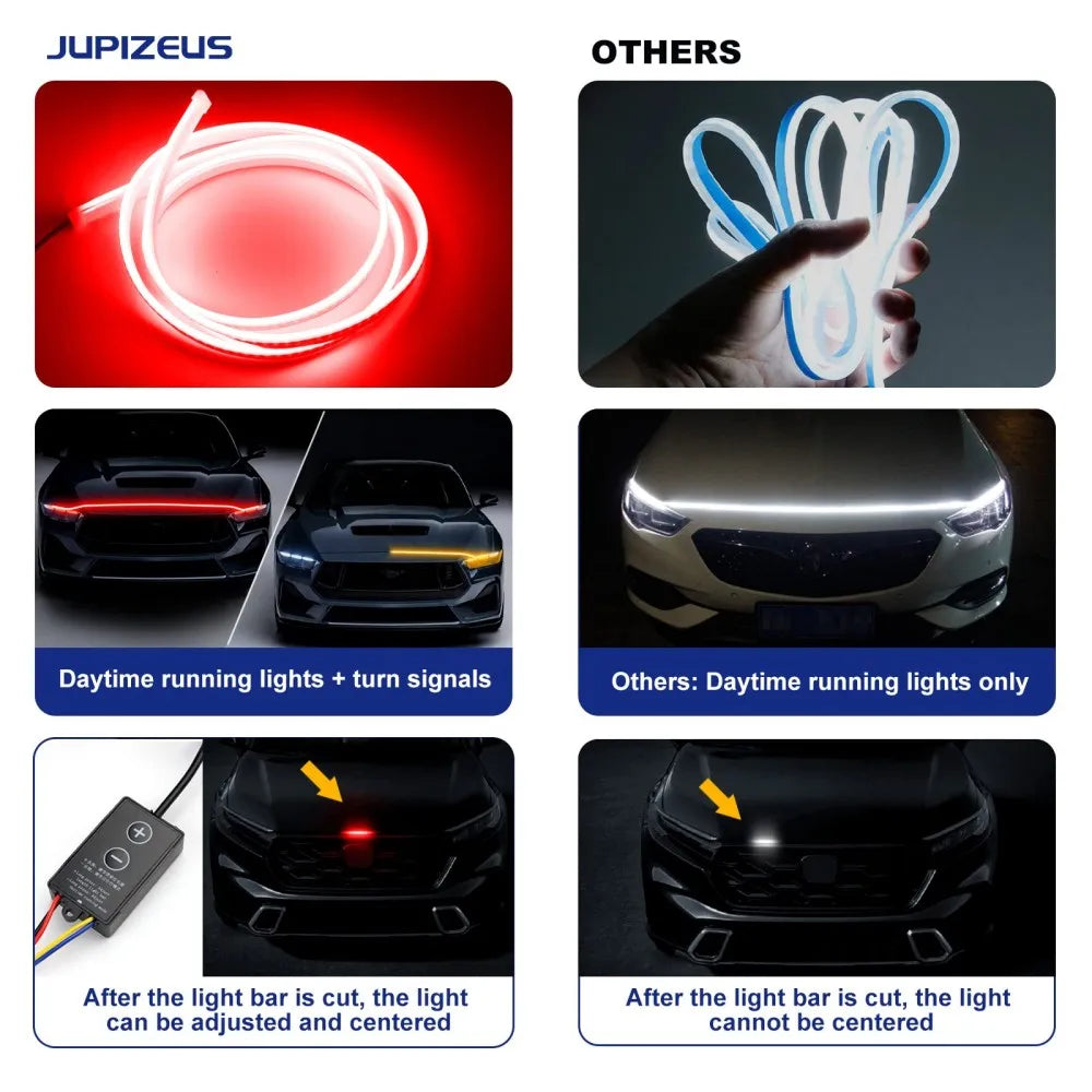 LED Car Daytime Running Light Strip - Red & Yellow Dual Color Plug And Play Start Scan Turn Signal 12V Universal Car Hood Light