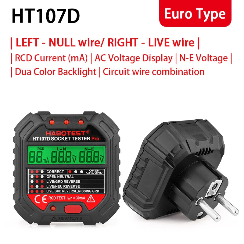 Habotest HT107 Pro Socket Tester A Comprehensive Tool for Voltage, RCD 30mA, UK/EU Plug Grounding, Zero Line, Polarity and Phas
