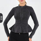 Autumn Winter New Arrival Denim Yoga Zipper Jacket Women Gym Fitness High Collar A-line Hem Slimming Long Sleeve Workout Tops