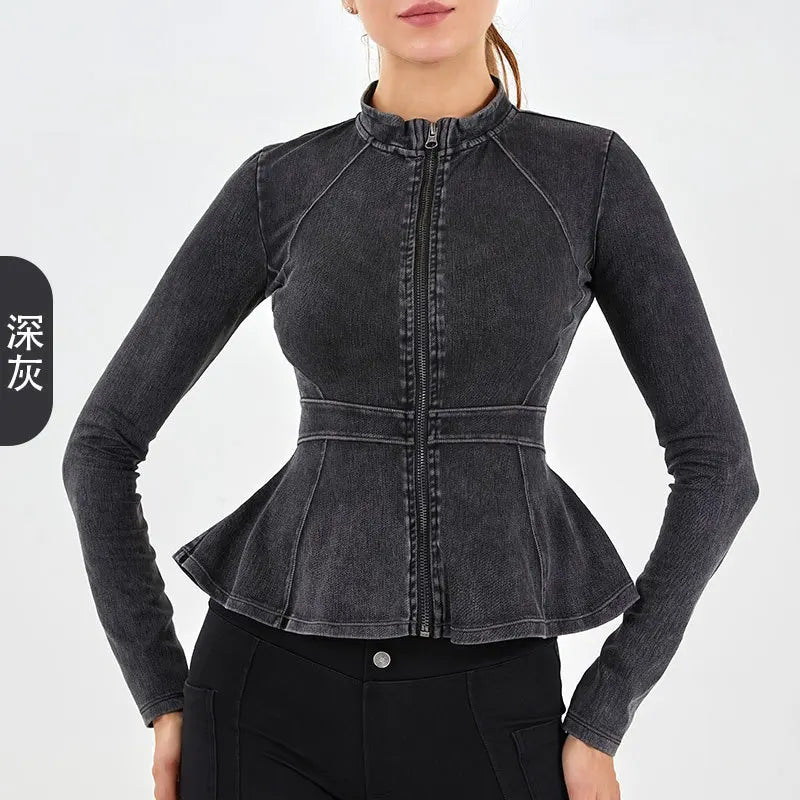 Autumn Winter New Arrival Denim Yoga Zipper Jacket Women Gym Fitness High Collar A-line Hem Slimming Long Sleeve Workout Tops