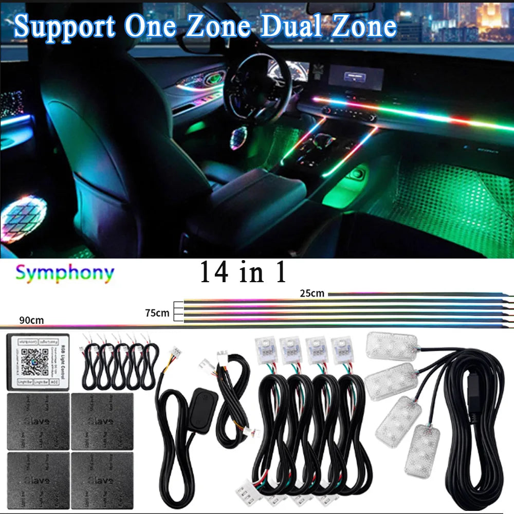 14/18 in 1 Led Acrylic Car Ambient Light RGB 64 213 Color Symphony Acrylic APP Streamer Atmosphere Lamp Kit One Zone Dual Zone
