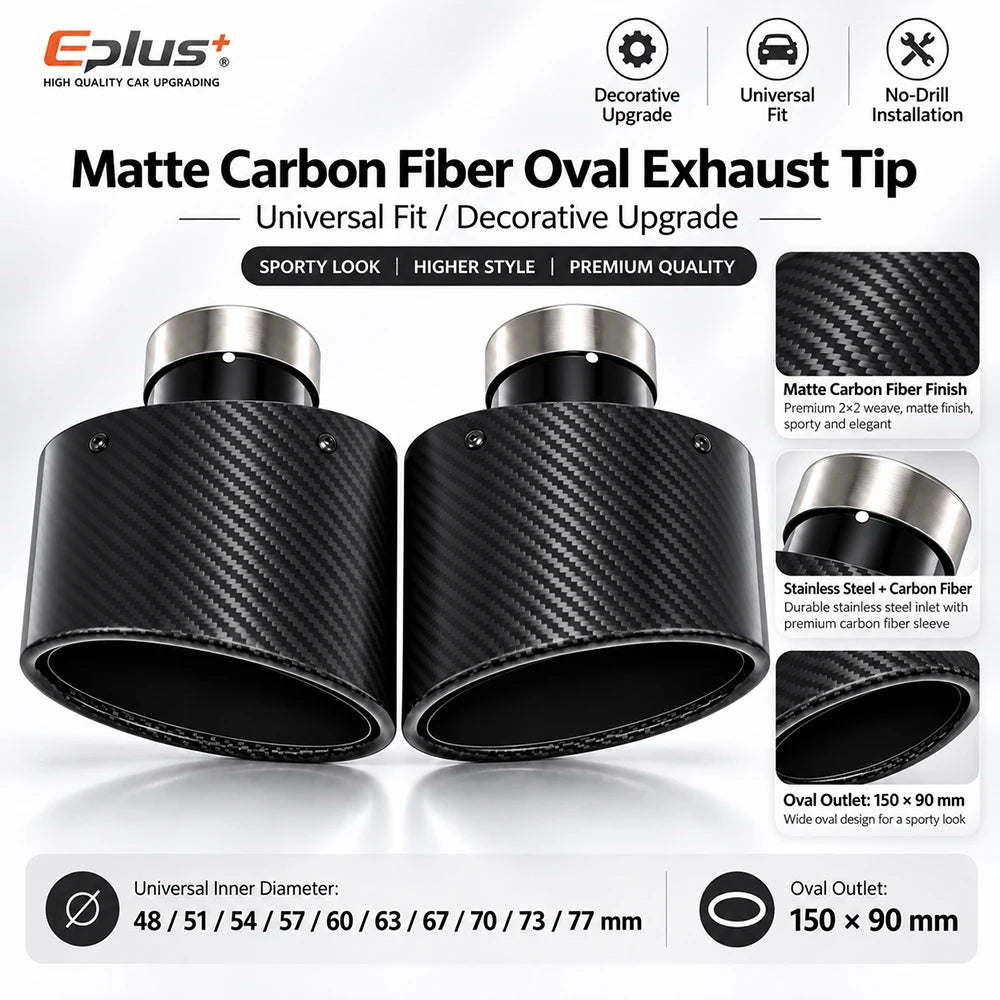 Universal Car Matte Carbon Fiber Muffler Tip Exhaust Pipe Nozzle Decoration Stainless Silver&Black Tilting Left Right Oval