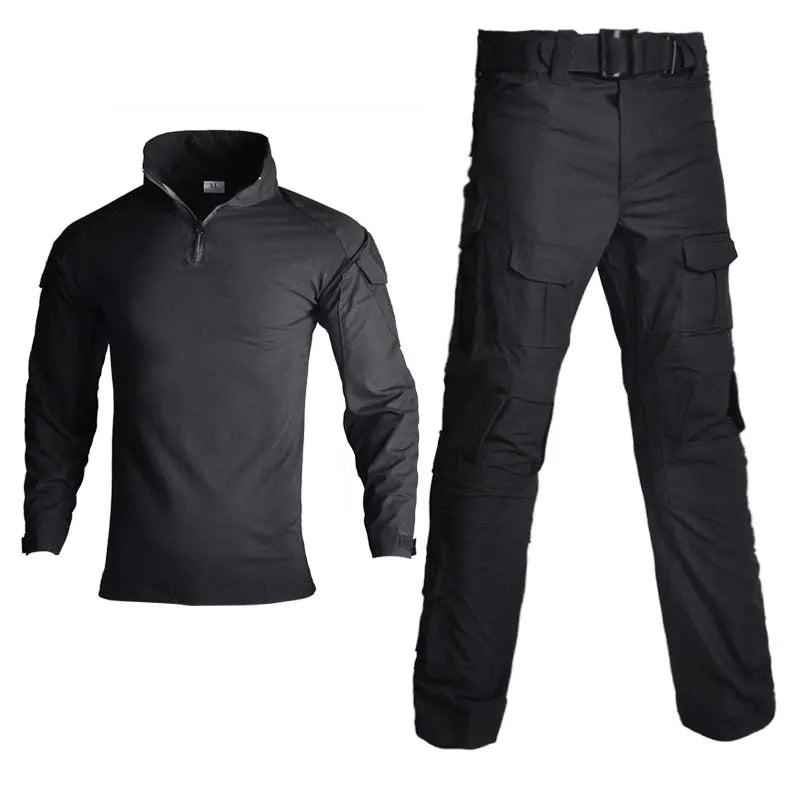 Men's G3 Frog Tactical Combat Uniform Set, Black Camo Shirt + Pants, 6pcs, Size L