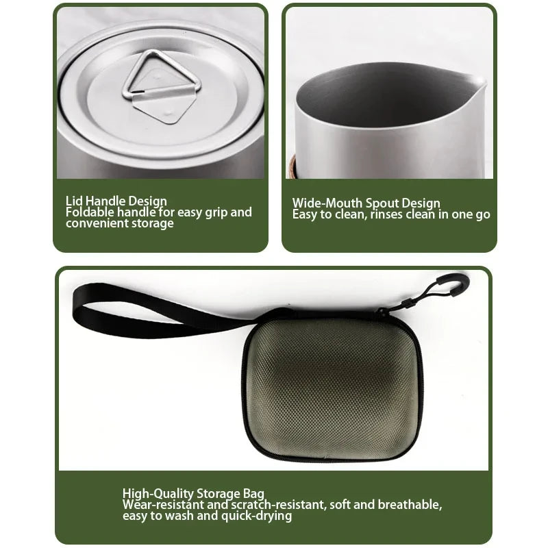 Titanium-Plated Stainless Steel Portable Travel Tea Set with Teapot & Double-Wall Cups, Light Grey
