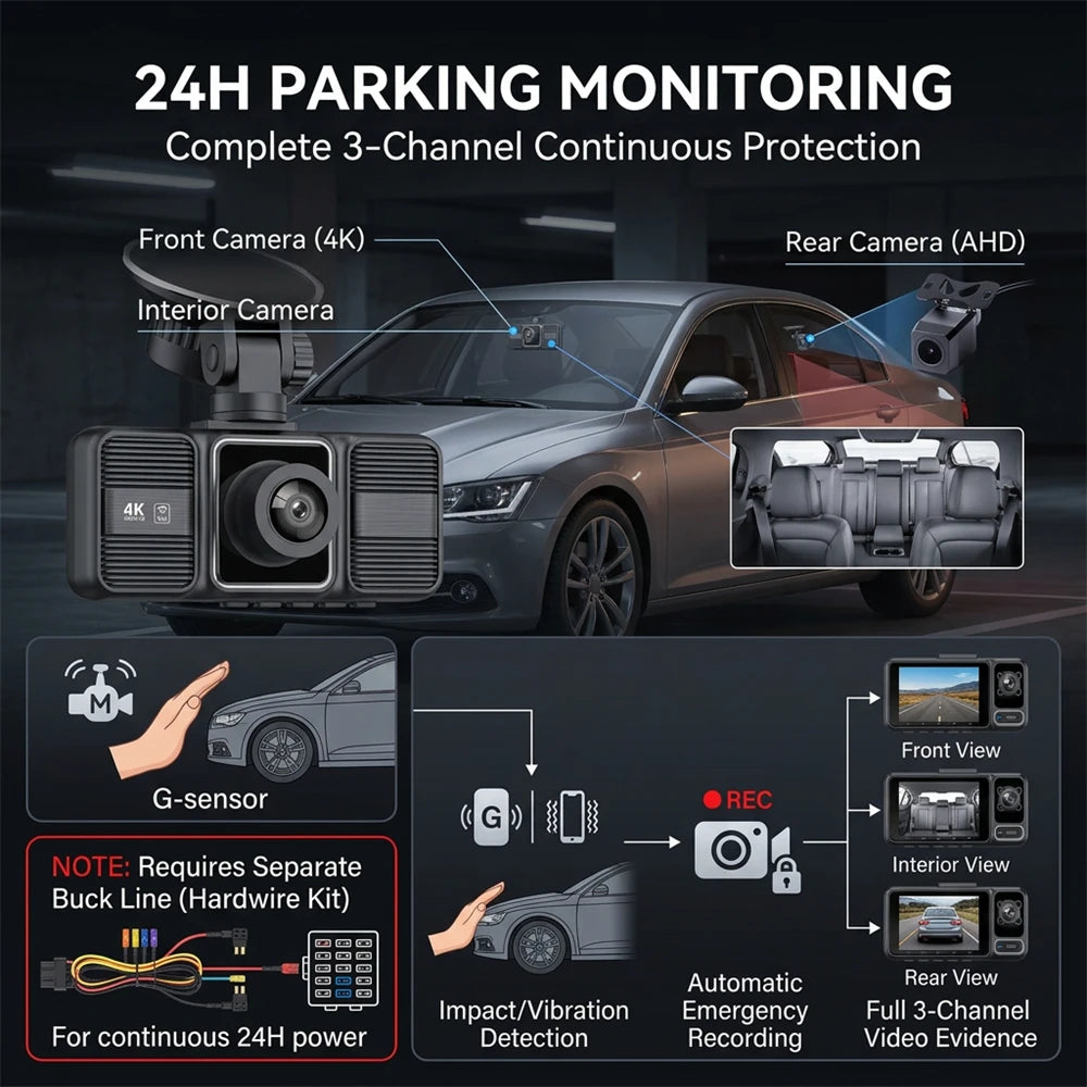 4K 3-Lens Dash Cam WiFi Car DVR Front Inside Rear Triple Camera 24H Parking Mode