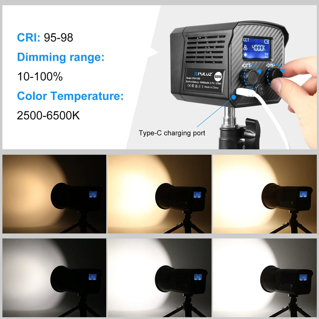 PULUZ 60W COB LED Video Light Handheld Fill Light 2500K-6500K Dual Color Temperature 13000Lux 10000mAh Photography Studio Light