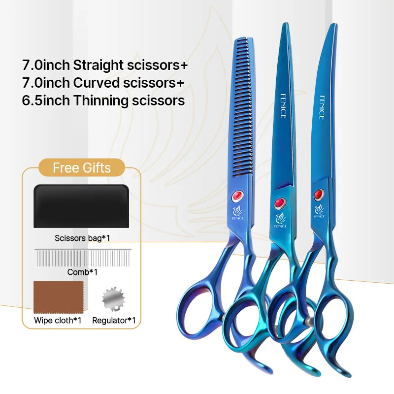Fenice New design colorful 7.0 inch pet grooming scissors set straight thinning curved scissors
