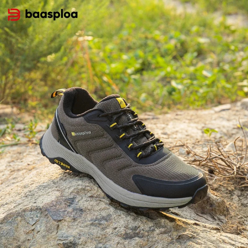 Baasploa Hiking Shoes Men Outdoor Climbing Lace-Up Sneakers Male Anti Splash Water Casual Wear-Resistant Non-slip Walking Shoes