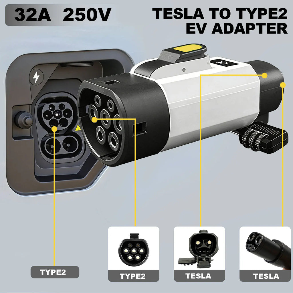 NACS to Type 2 EV charging adapter, lockable anti-theft, 32A 7kW 250V, black/white