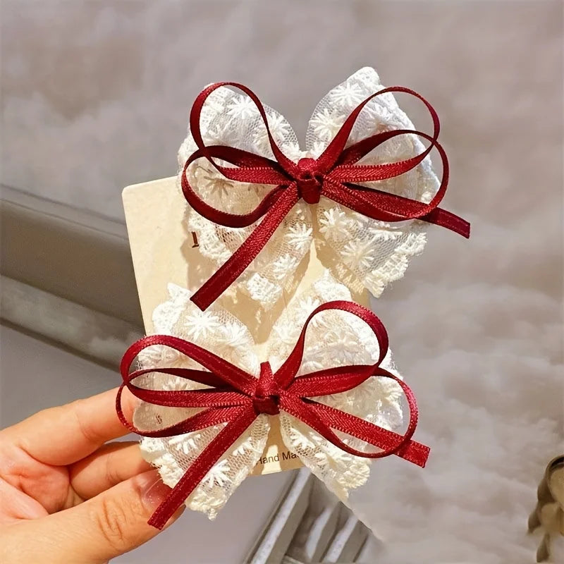 2Pcs Elegant Lace Bow Hairpins Women Fashion Red Ribbon White Floral Design Travel Casual Hair Accessory Elegant Hair Clip