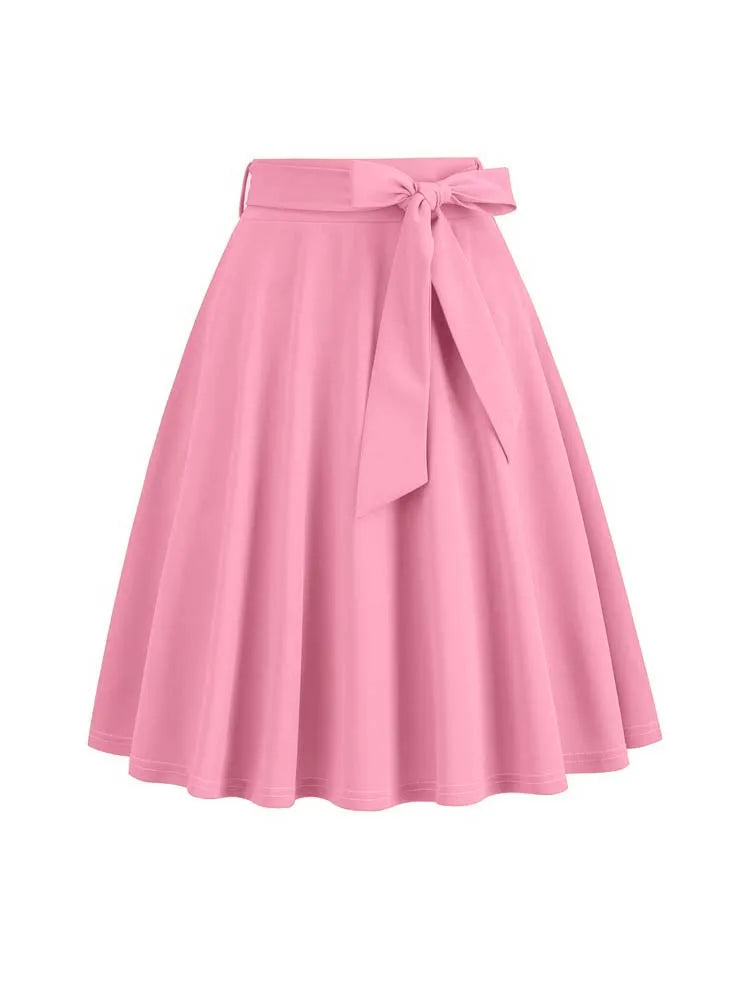Women Retro Vintage Midi Long Skirt Solid Elegant Faldas High Waist A Line 50s Swing Skirts