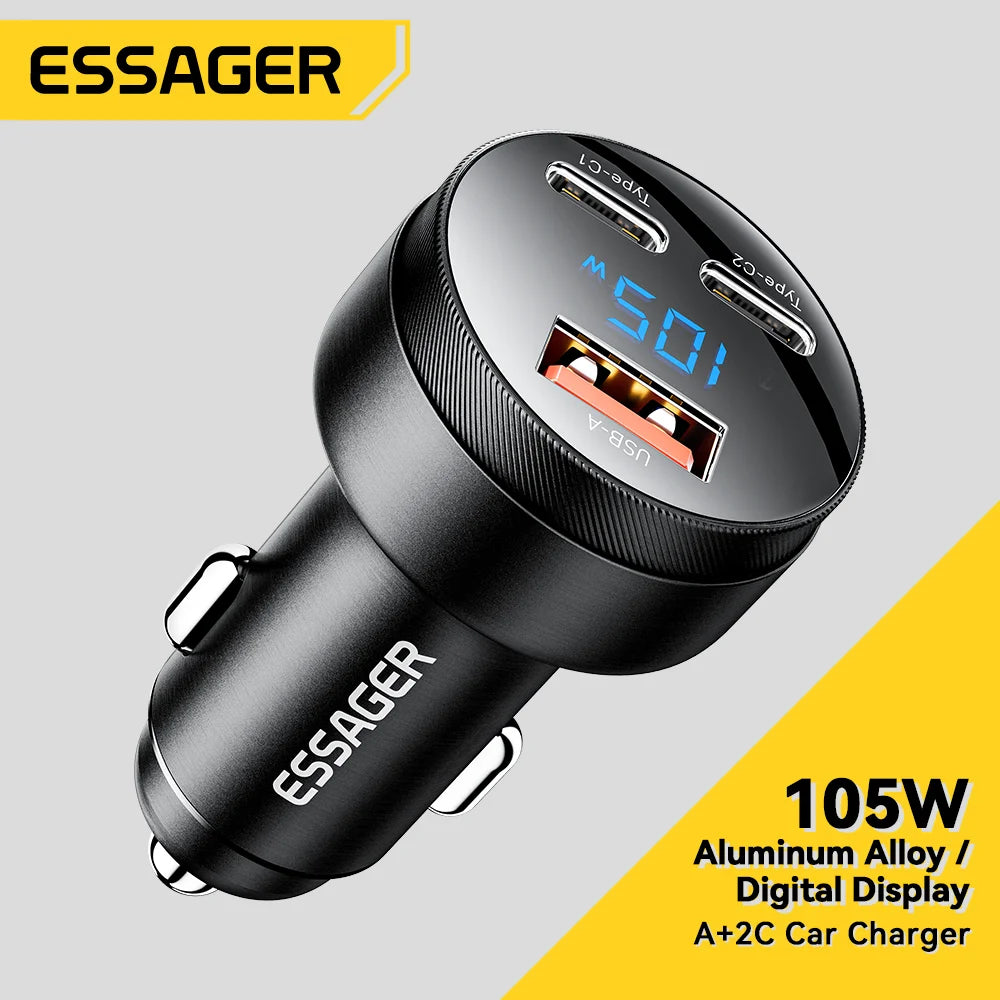 Essager 105W Digital Display Fast Car Charger For iPhone 15 14 pro MacBook USB A C Quick Charger For Xiaomi Samsung OPPO