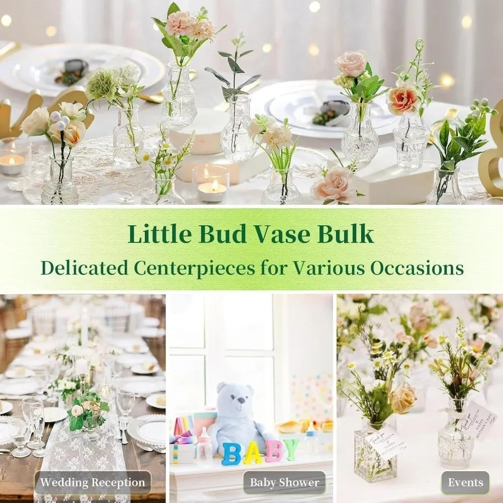 Mini Glass Bud Vase Set 10pcs Clear/Amber/Green Retro Relief Desktop Wedding Decor