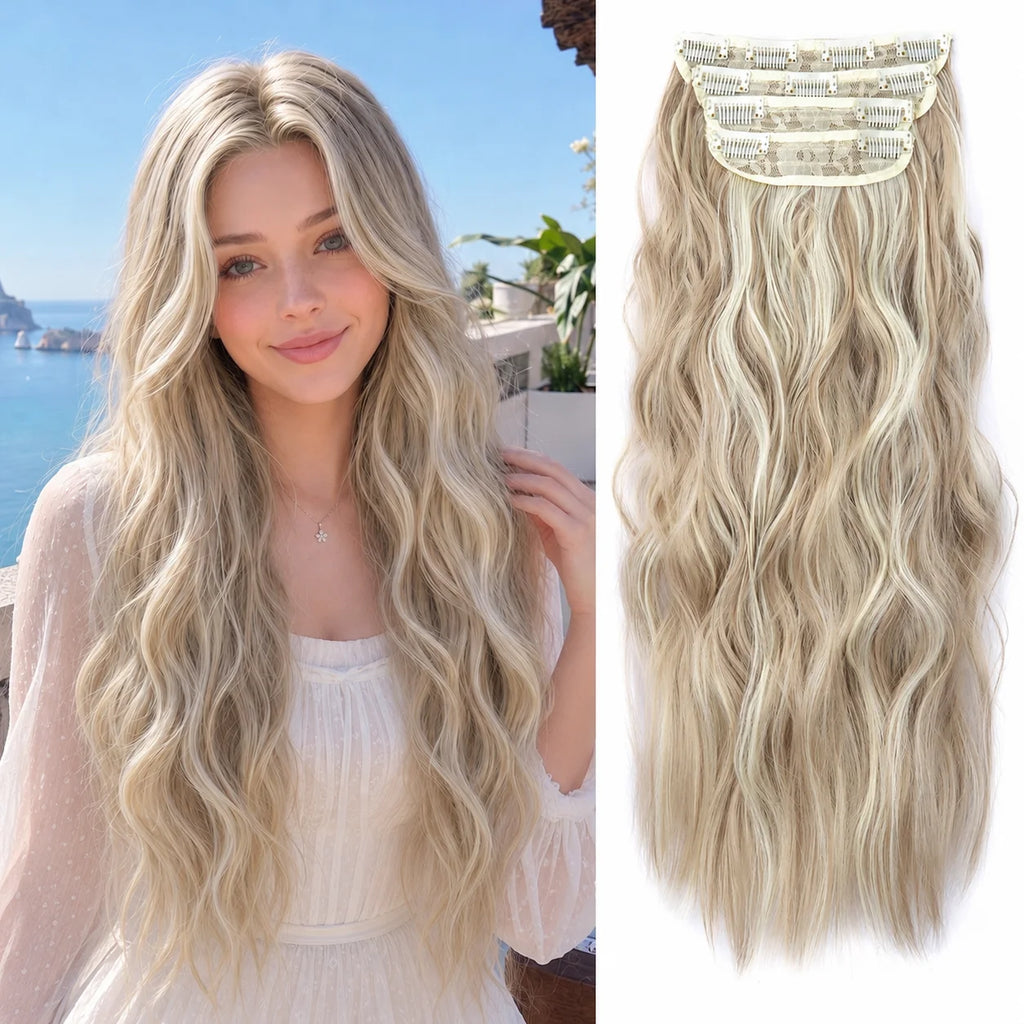 4Pcs/Set 20Inch Synthetic Hair Clip In Long Wavy Thick Hairpieces For Women Full Head Synthetic Hair Extensions Ombre Hairpieces