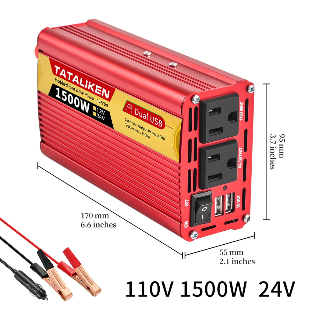 Car Power Inverter DC 12V/24V to AC 110V 60Hz 600W-2500W Vehicle Converter