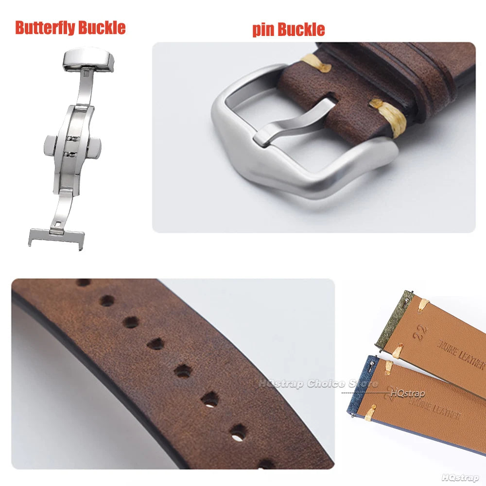 Stitching Leather Butterfly Buckle Watch Band 20mm 22mm Cowhide Strap for Rolex Bracelet for Seiko Women Men Vintage Wristband