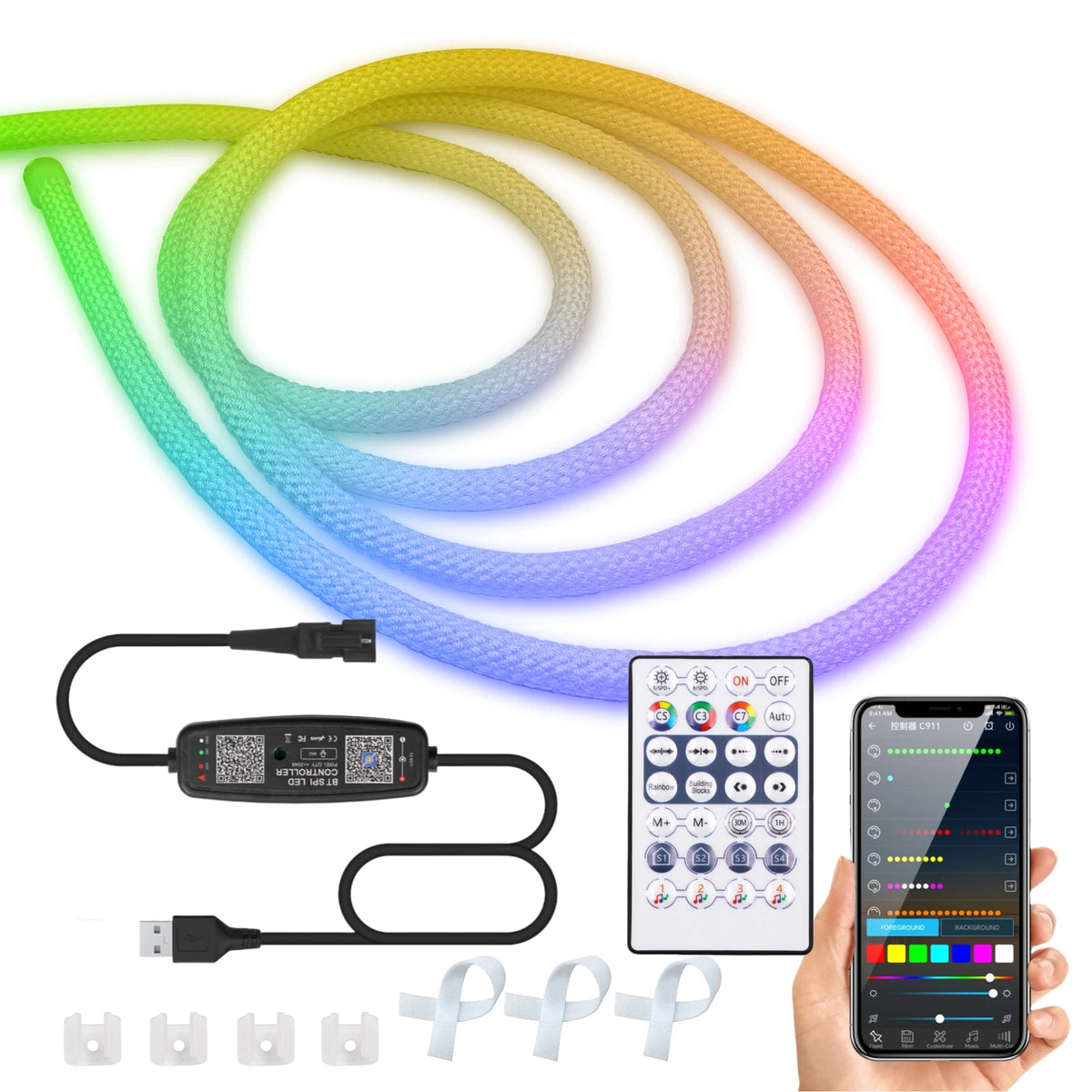 WS2812B RGBIC Neon Rope LED Strip 5V USB 360° Silicone IP67 50 LEDs/m 1-5m