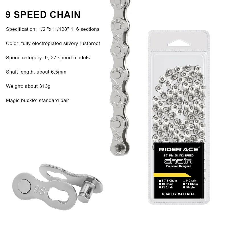 RIDERACE Bicycle Chain 116L 8 9 10 11 12 Speed Silver Ultralight Mountain Road Bike Chain For 24/27/30 Variable Speed Chain