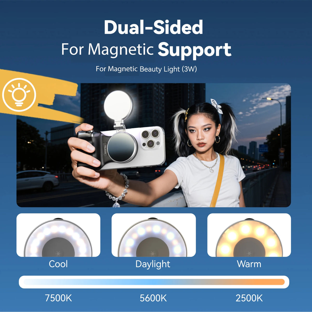 TELESIN Magnetic Phone Camera Hand Grip Holder with Remote, Black/White, Fill Light Option