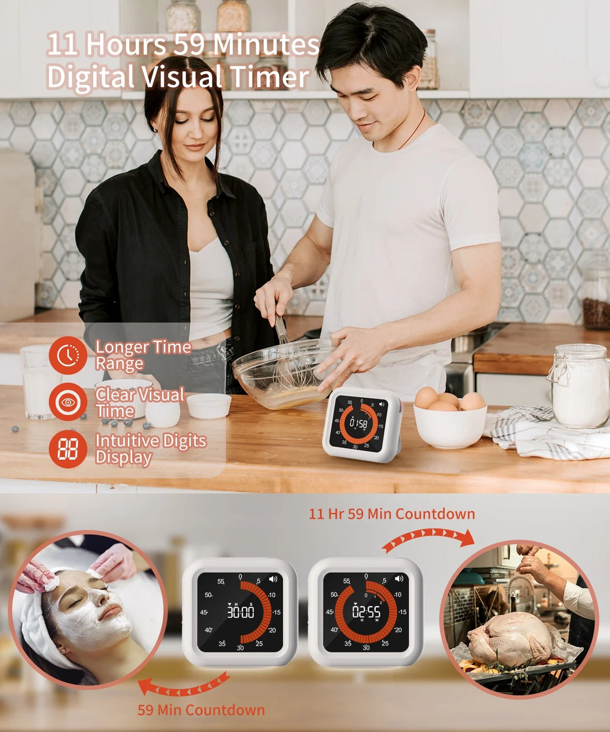 Multipurpose Visual Digital Timer Magnetic USB Charging Timer 12H Countdown Stopwatch for Office Classroom and Kitchen