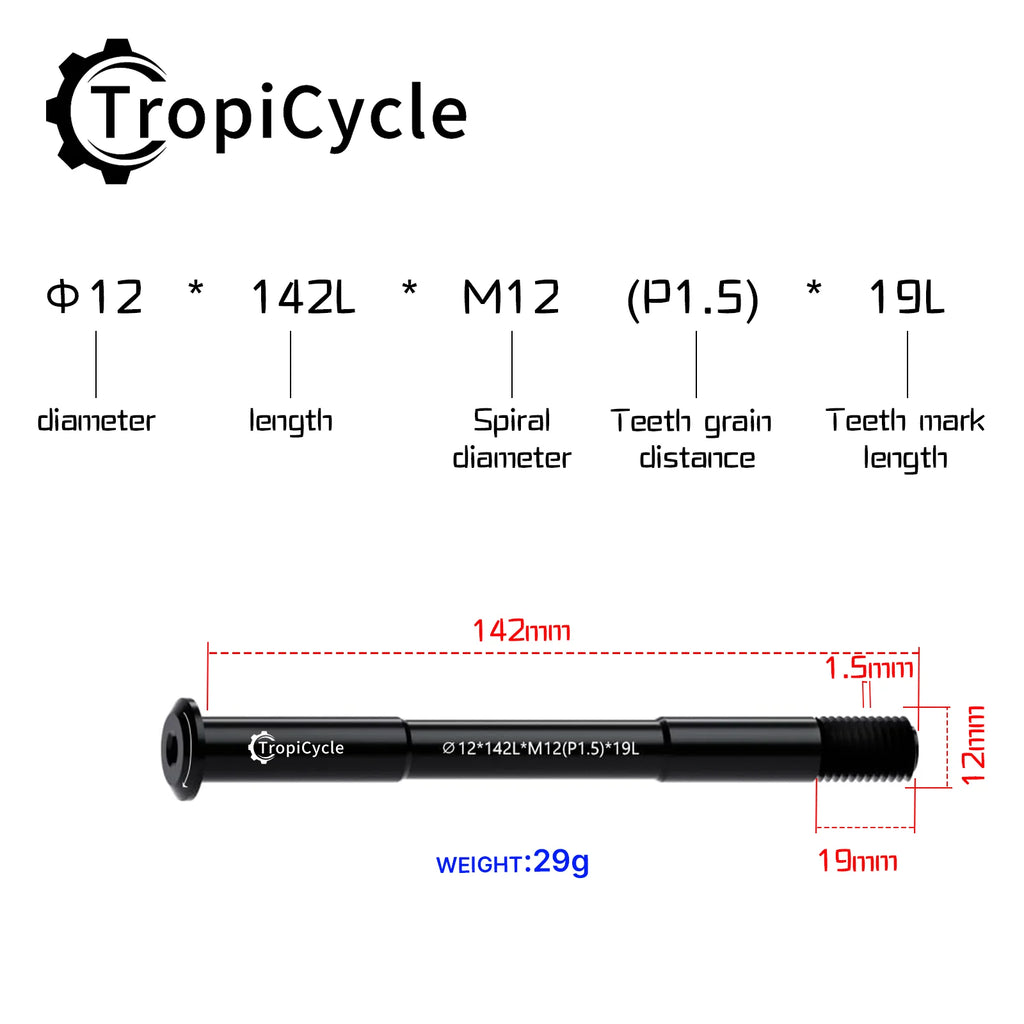 Tropicycle MTB Road Bike Thru Axle Front Fork Shaft Skewers M12x1.0 M12x1.5 12x142/162/174 12x100/110mm Aluminum alloy Bike Axle