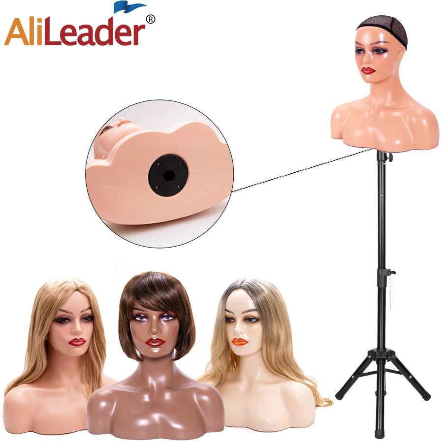 Female Mannequin Head With Shoulder Manikin Head Bust Wig Head Stand With Makeup For Wigs Display Necklace Free Earrings,Wig Cap