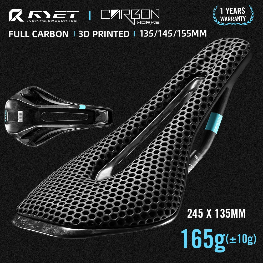 RYET 3D Printed Full Carbon Bike Saddle, 135/145/155mm MTB Gravel Road Seat