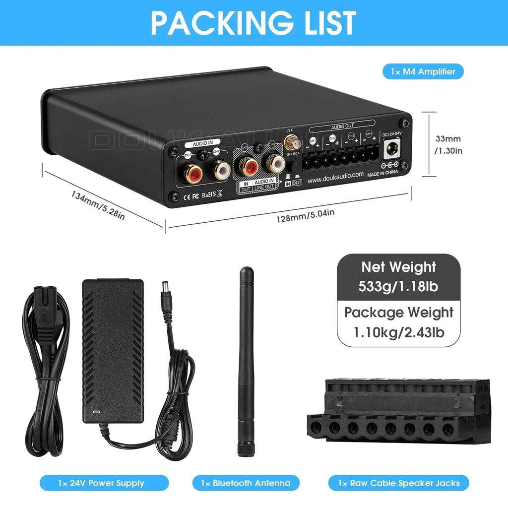 Douk Audio Mini Bluetooth 5.0 Digital Amplifier HiFi 4 Channel Audio Amp for Home Stereo System Car / Multi-room Power Amp 50W*4