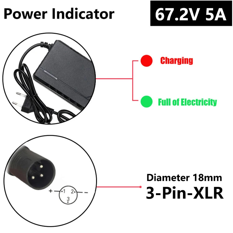 48V/60V/72V Charger 2A/5A Lithium-ion Battery Pack Charger 54.6V/67.2V/84V Intelligent Fast Charging EU Plug With Cooling Fan