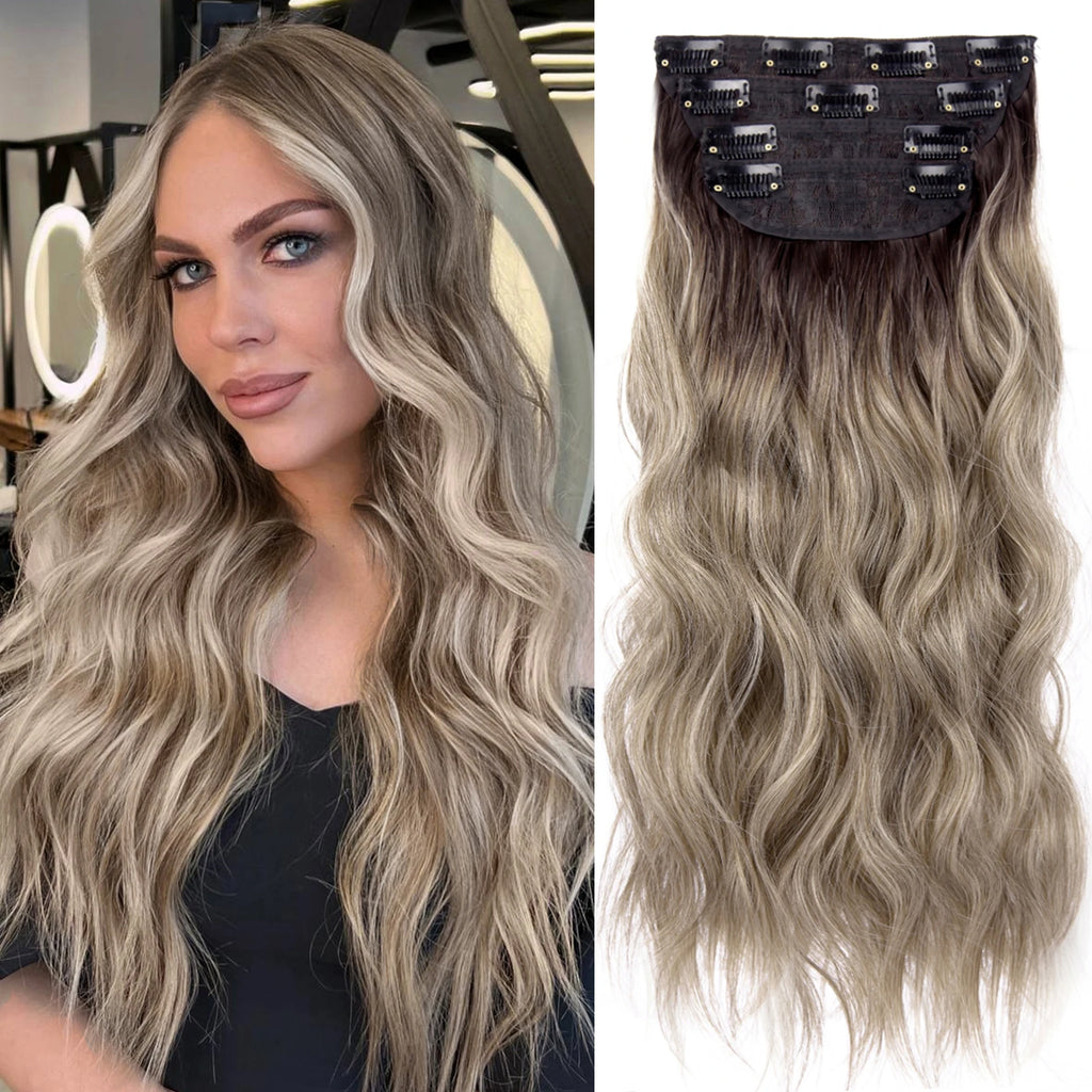 4Pcs/Set 20Inch Synthetic Hair Clip In Long Wavy Thick Hairpieces For Women Full Head Synthetic Hair Extensions Ombre Hairpieces