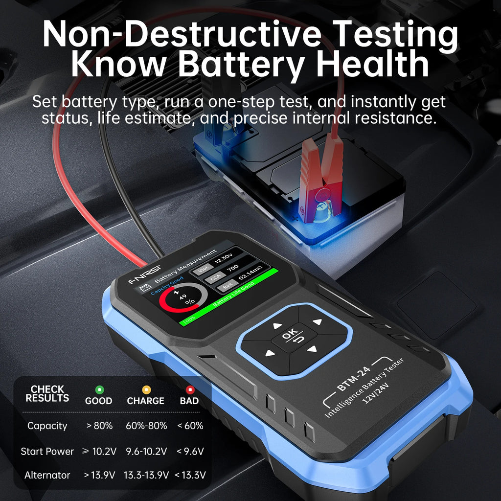 FNIRSI BTM-24 12V/24V Car Battery Tester 0-2000 CCA Automotive Battery Load Tester Cranking Charging Circut Diagnostic Tools