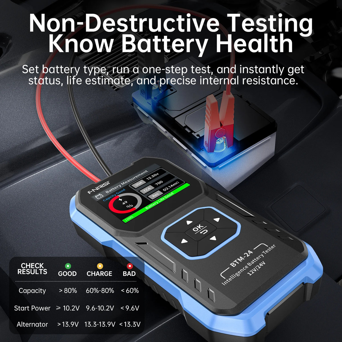 FNIRSI BTM-24 12V/24V Car Battery Tester 0-2000 CCA Automotive Battery Load Tester Cranking Charging Circut Diagnostic Tools