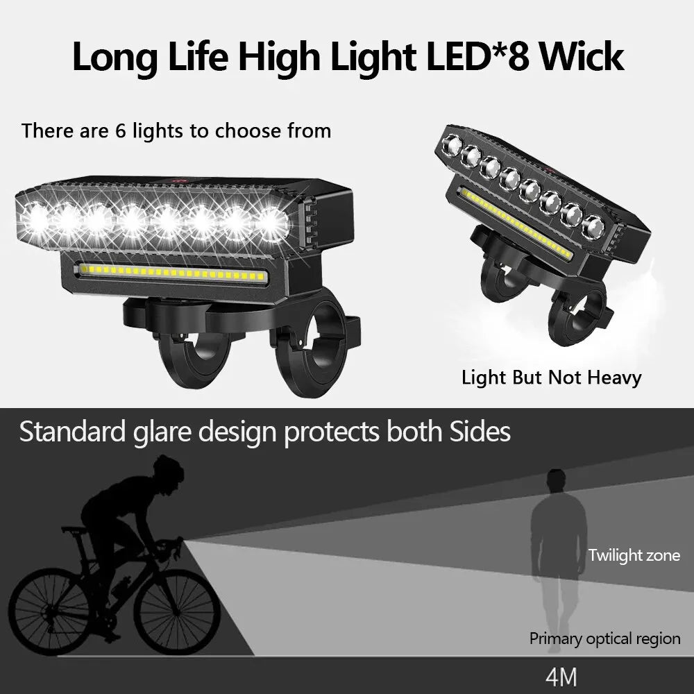 5/8 LED Bicycle Front Light USB Rechargeable 130dB Cycling Bike Horn Easy to Install 6 Modes Bicycle Bell Light