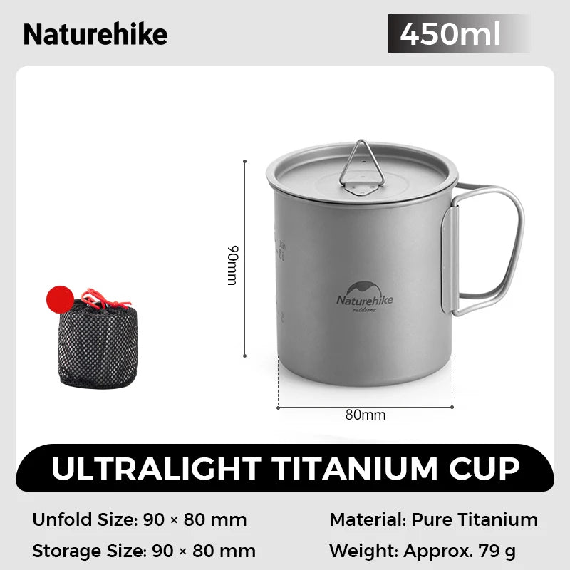 Naturehike Outdoor Titanium Cup Lightweight Portable Tea Coffee Cup Folding Handle Camping Water Mug for Hiking Travelling