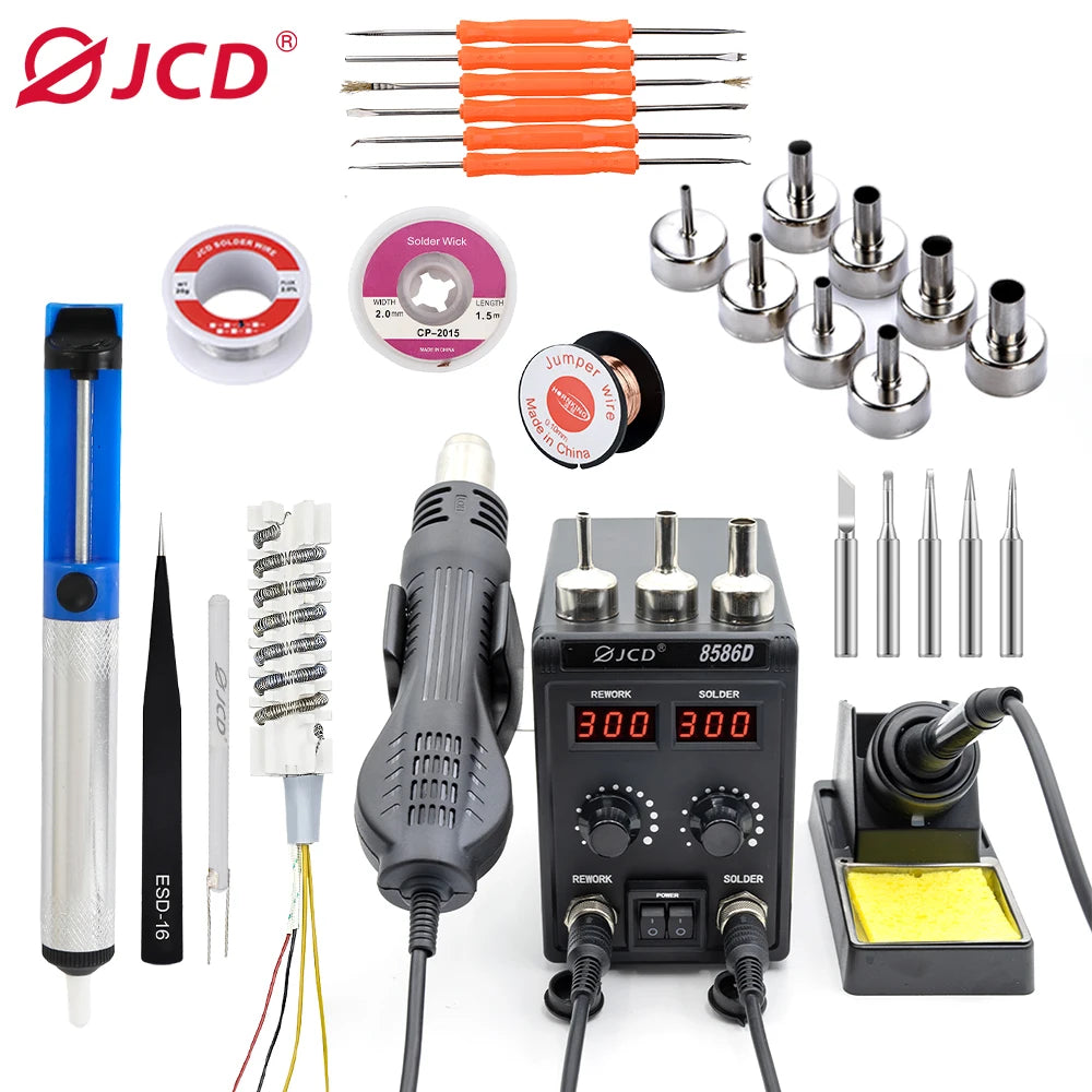 JCD 8586D Soldering Station 2 IN 1 Hot Air Gun Solder Station with 2 Digital display,10-Minute Sleep Mode for SMD Rework 220V