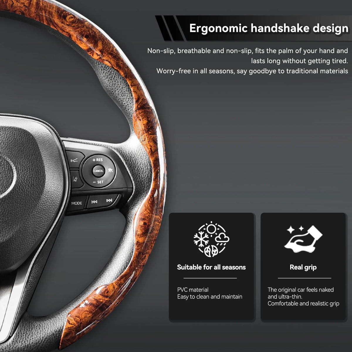 Car Steering Wheel Cover 38cm (15in) Mahogany Wood Grain, Anti-Slip, for BMW 1/3/5 Series X1 X3 X5