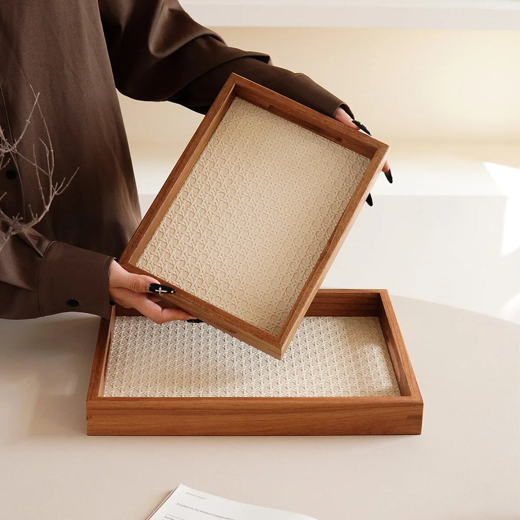 1Pc Bamboo Woven Pattern Leather Tray, Acacia Wood Tray, Dressing Table Decorative Tray, Aromatherapy Ring Jewelry Tray, Suitable for Home Decoration, Living Room Storage Tray, Gift Giving, Photography Props