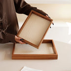 1Pc Bamboo Woven Pattern Leather Tray, Acacia Wood Tray, Dressing Table Decorative Tray, Aromatherapy Ring Jewelry Tray, Suitable for Home Decoration, Living Room Storage Tray, Gift Giving, Photography Props