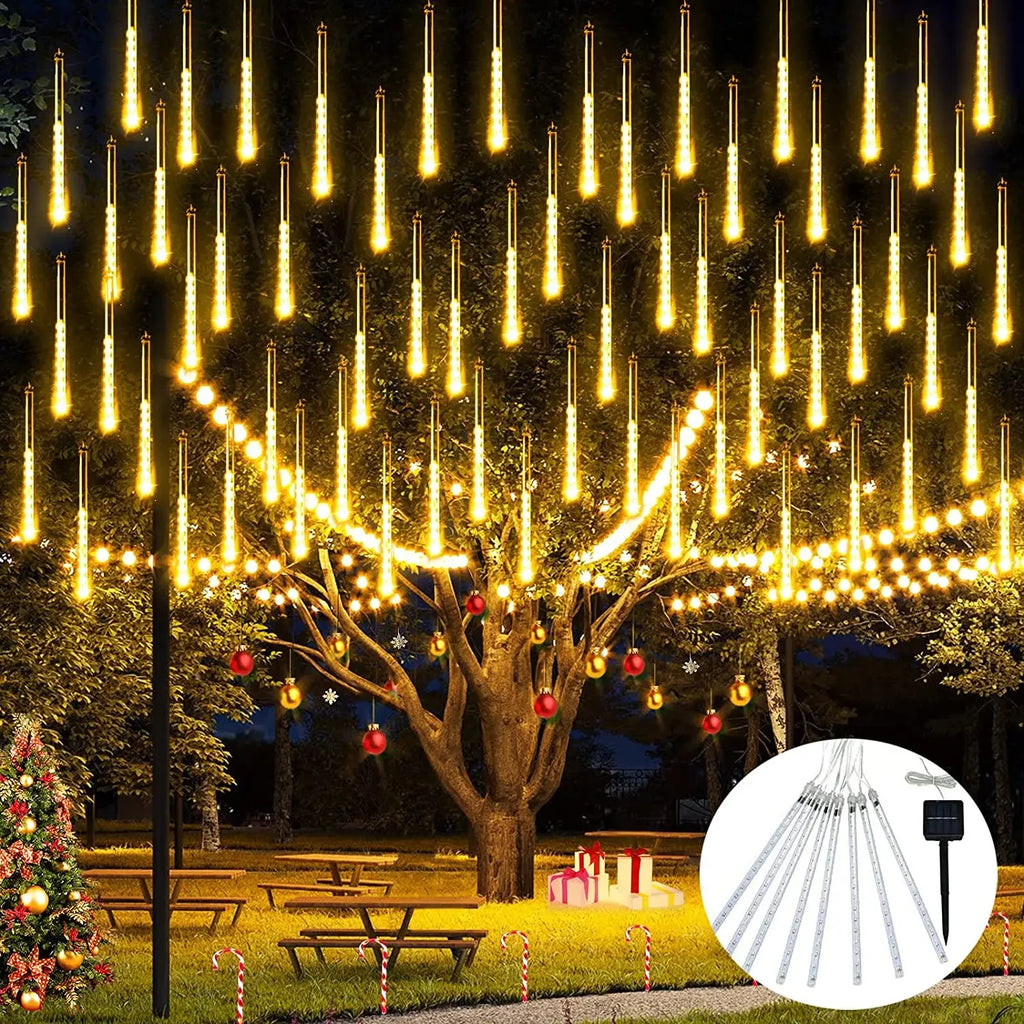 Solar LED meteor shower tube lights, waterproof outdoor falling raindrop, 8 tubes 30cm/50cm