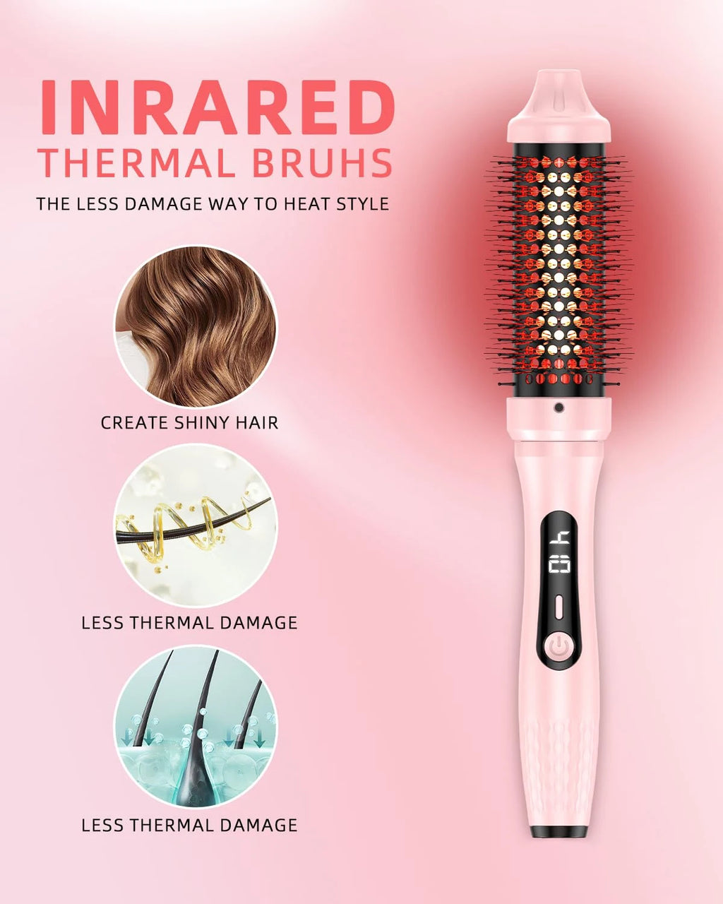 Infrared Hair Curler Comb 1.5inch Heated Round Brush for Curling and Straightening Dual Voltage for Travel Using