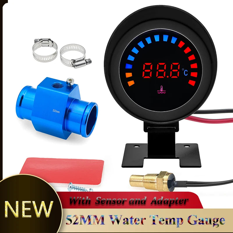 52MM Water Temp Gauge 12~24V LCD Digital Water Thermometer Meter with Sensor + Adapter Joint Pipe Radiator for Car Motorcycle