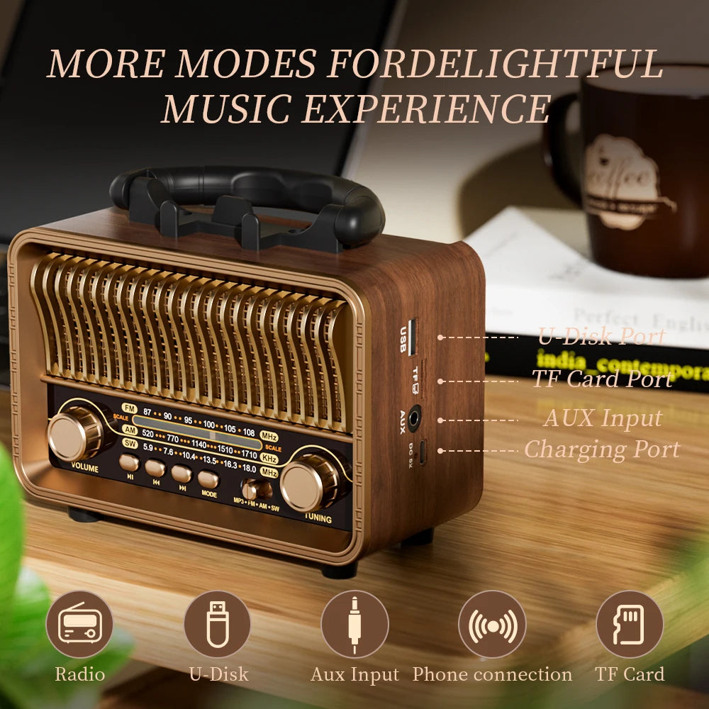Retro Wireless Radio Portable AM/FM/SW with USB Rechargeable Battery With antenna, AUX and TF card playback, suitable for home