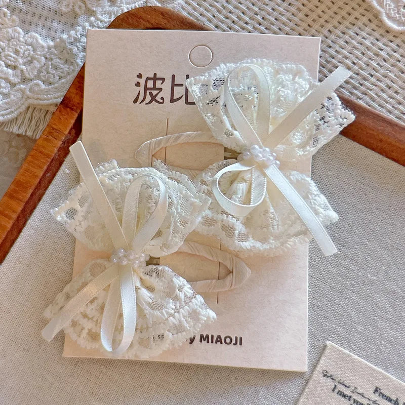 Minimalist Beige Hair Barrettes Korean BB Clip with Lace Pearl Accents Elegant Aesthetic Hair Clips for Women Girls