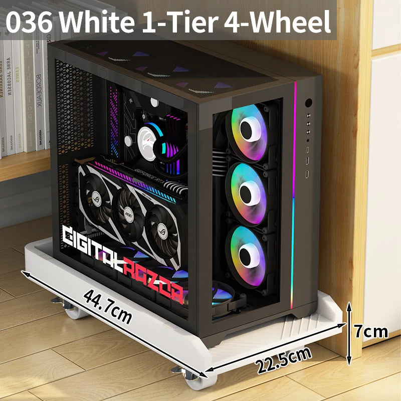 Adjustable Mobile CPU Stand with Wheels, Desktop PC Tower/Printer Cart Shelf, Black/White