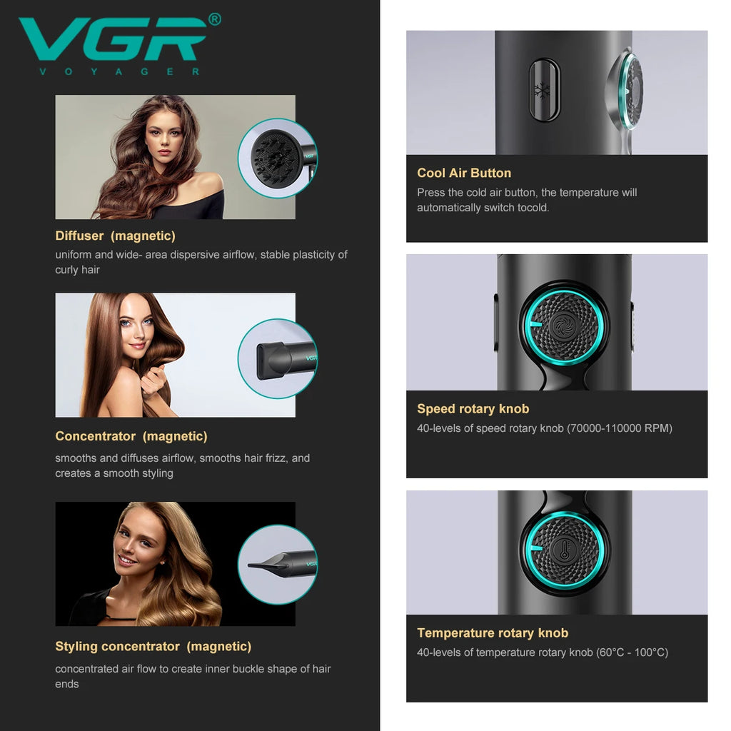 VGR High-Speed Hair Dryer V-401 110000 RPM Brushless Motor Hot/Cold EU Plug
